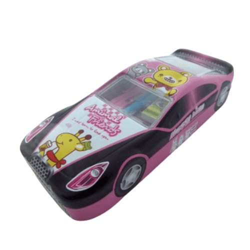 Racing Car Shape Metal Stationery Set - Animal Friends Design - Pink - PartyErasers