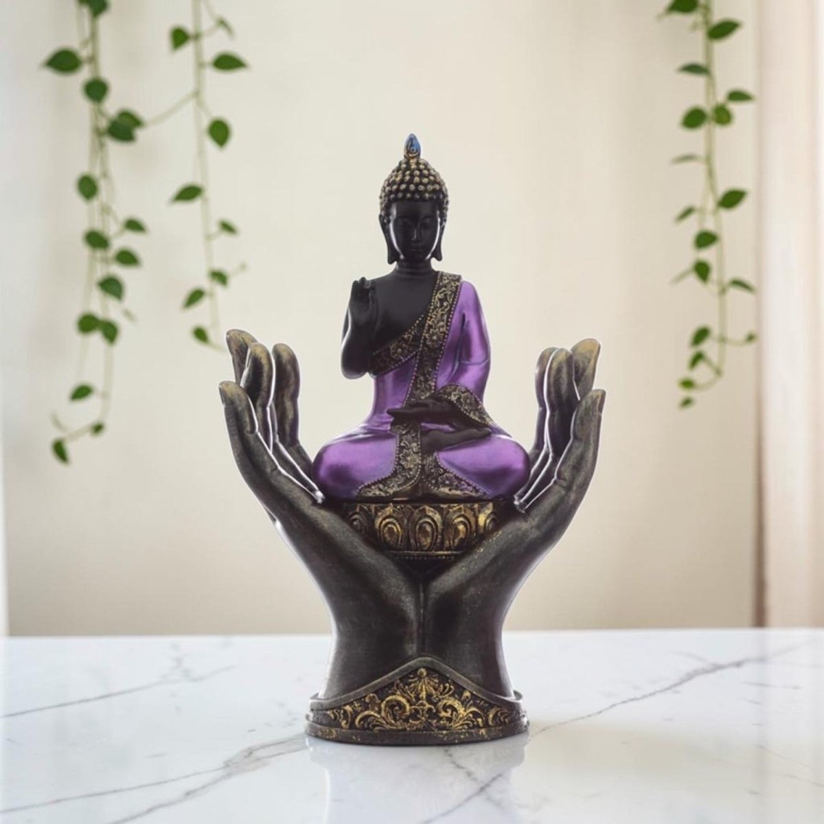 Thai Buddha In Hands Meditating Ornament Purple Black Mindfulness Statue - PartyErasers