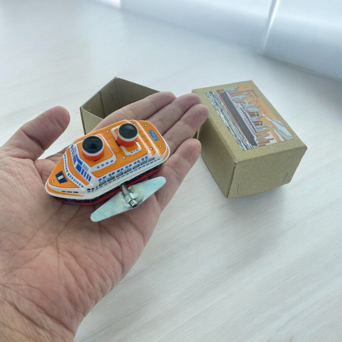 Vintage Windup Tin Toy Small Ship Vessel Sea Cargo Cruise - PartyErasers