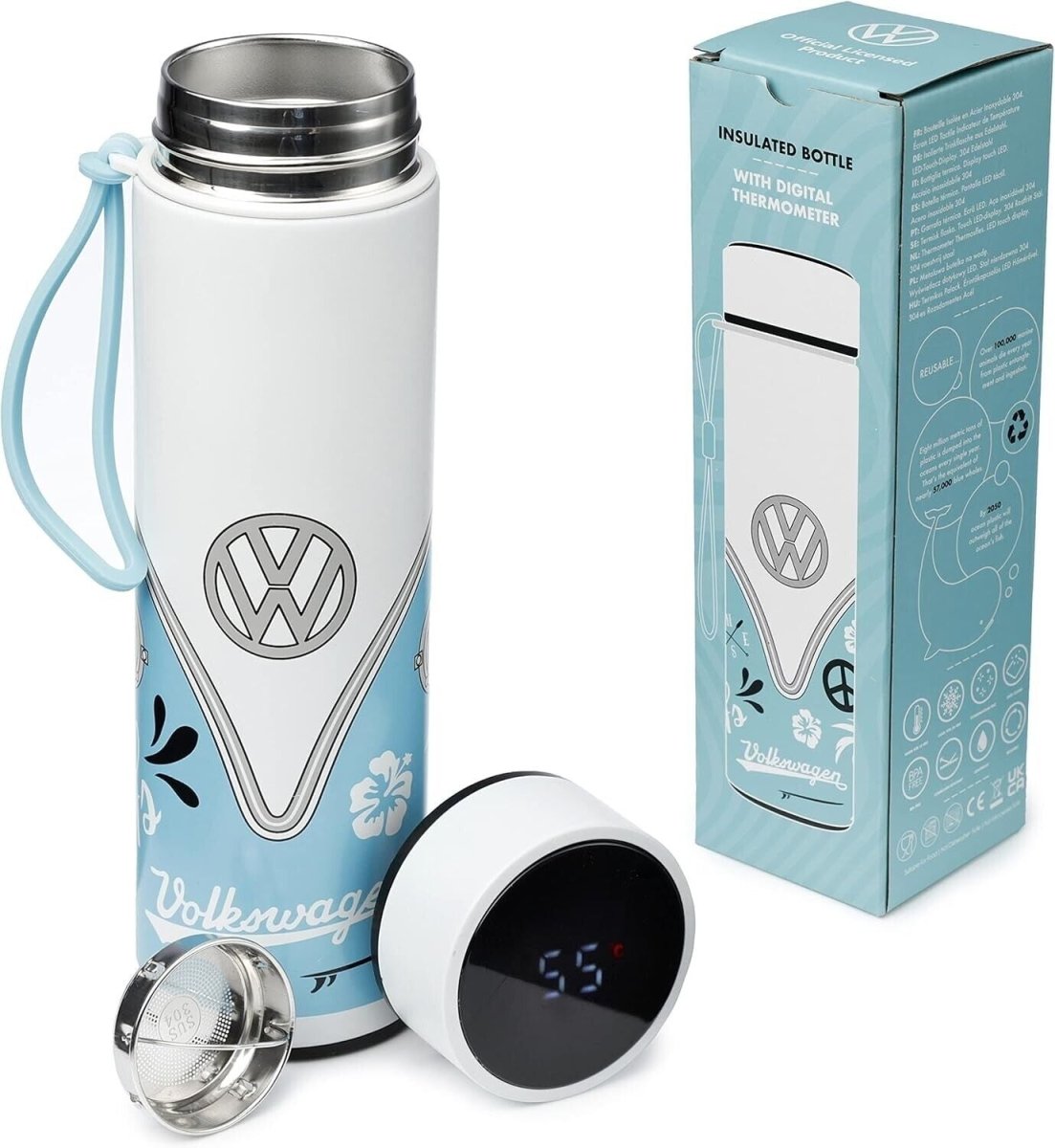 VW Volkswagen Blue Surf Hot & Cold Digital Thermometer Insulated Bottle - PartyErasers